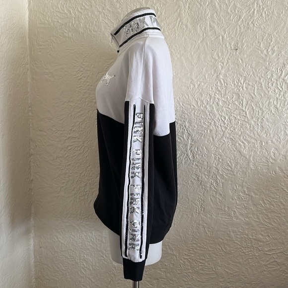 Victoria’s Secret Pink Black White Silver Sequin Bling Quarter Zip Sweatshirt M - Picture 4 of 9